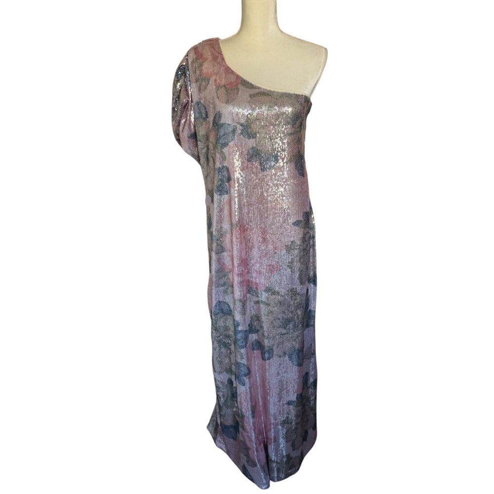 Anthropologie Elegant Sequin One-Shoulder Maxi Dress - Pink and Silver